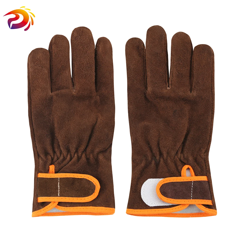 Durable Cow Split Leather Brown Work Gloves White Knitted Lining With Adjustable Closure | Безопасность и защита