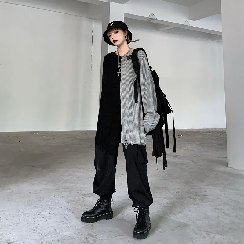 Harajuku уличная цветная Лоскутная трикотажная длинная свободная Женская свитер с потертостями и дырками HipHop