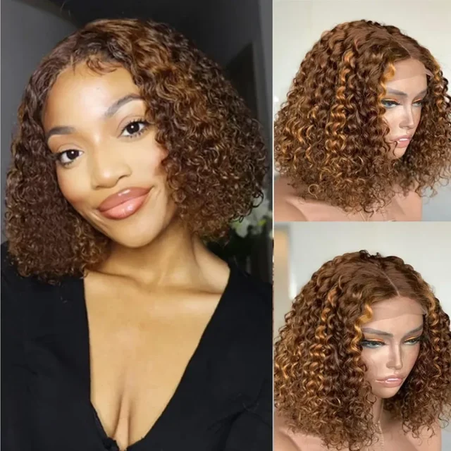 Highlight Pixie Cut Lace Wig Pre plucked Blunt Cut Bob Lace Front Wig Short Human Hair Wigs Water Curly Human Hair Wigs Glueless 4