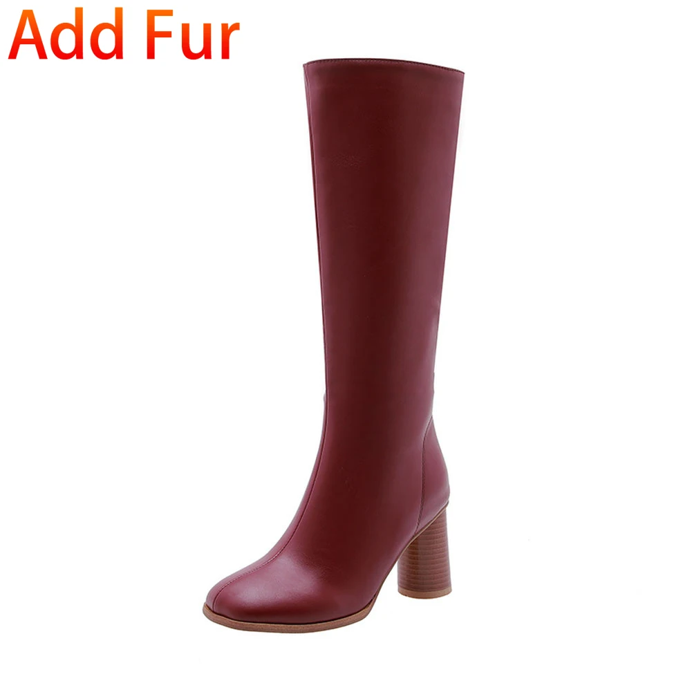 wine red thick fur SARAIRIS/Новые Брендовые женские туфли на высоком квадратном каблуке, большие размеры 32-48 Женские Повседневные Вечерние ботинки до середины икры на осень и зиму - Color: wine red thick fur