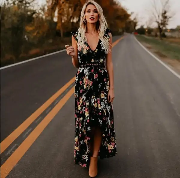Элегантный цветочный принт кружева Maxi dress Vestidos сексуальный глубокий v-образный вырез с низким вырезом на спине летнее платье Для женщин boho асимметричное длинное платье