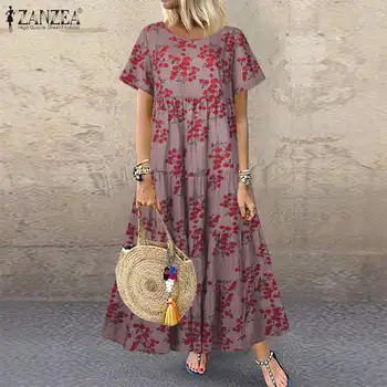 

S 5XL 2020 Summer Floral Printed Dress Women Bohemian Beach Sundress ZANZEA Vintage Short Sleeve Long Vestido Kaftan Tunic Robe