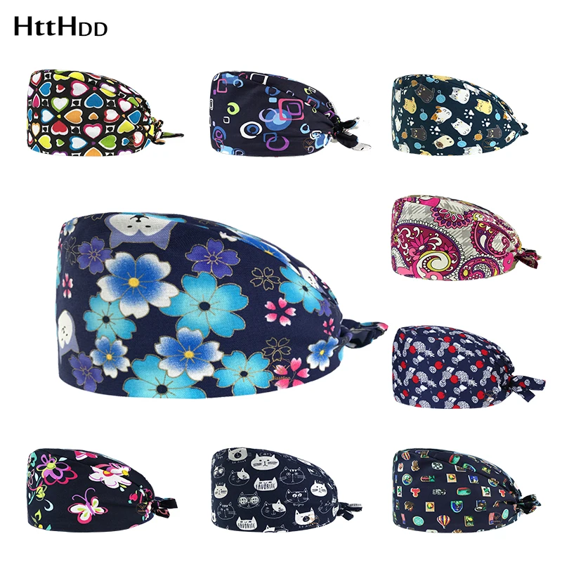 

Unisex Dentist working caps cotton scrubs hat/cap buttons Floral printing adjustable accessories beauty salon work caps--s