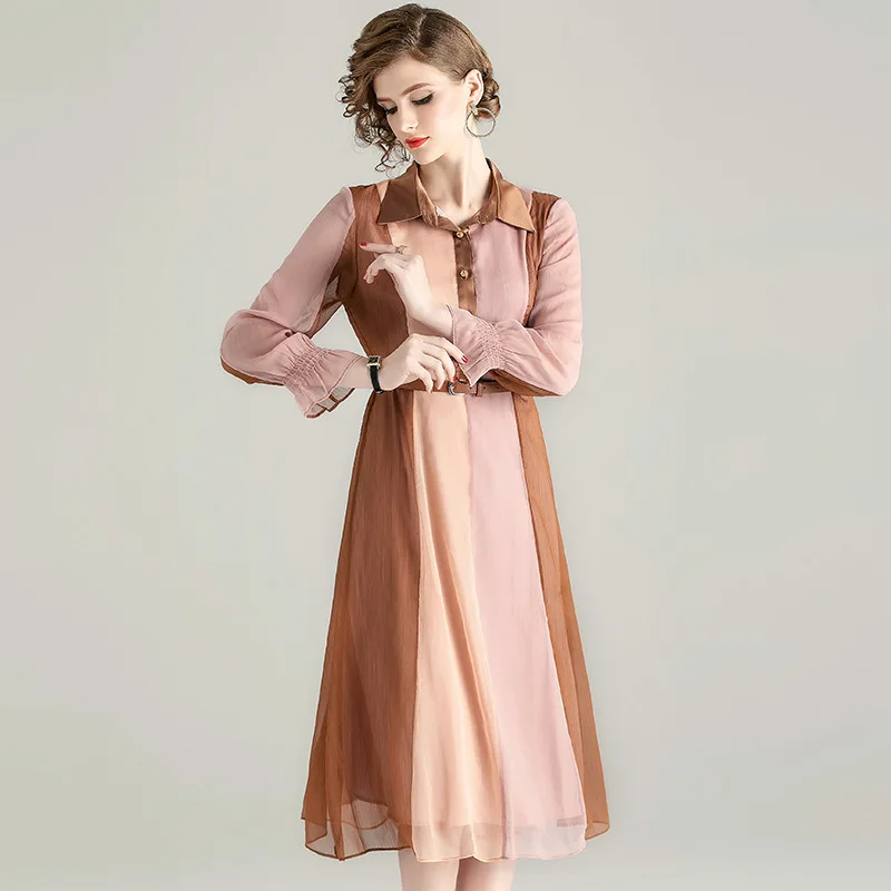 

Long Sleeve Dress Women 2020 Spring Summer Turndown collar Fashion Contrast Color Single Breasted Slim A Line Dress With Belt