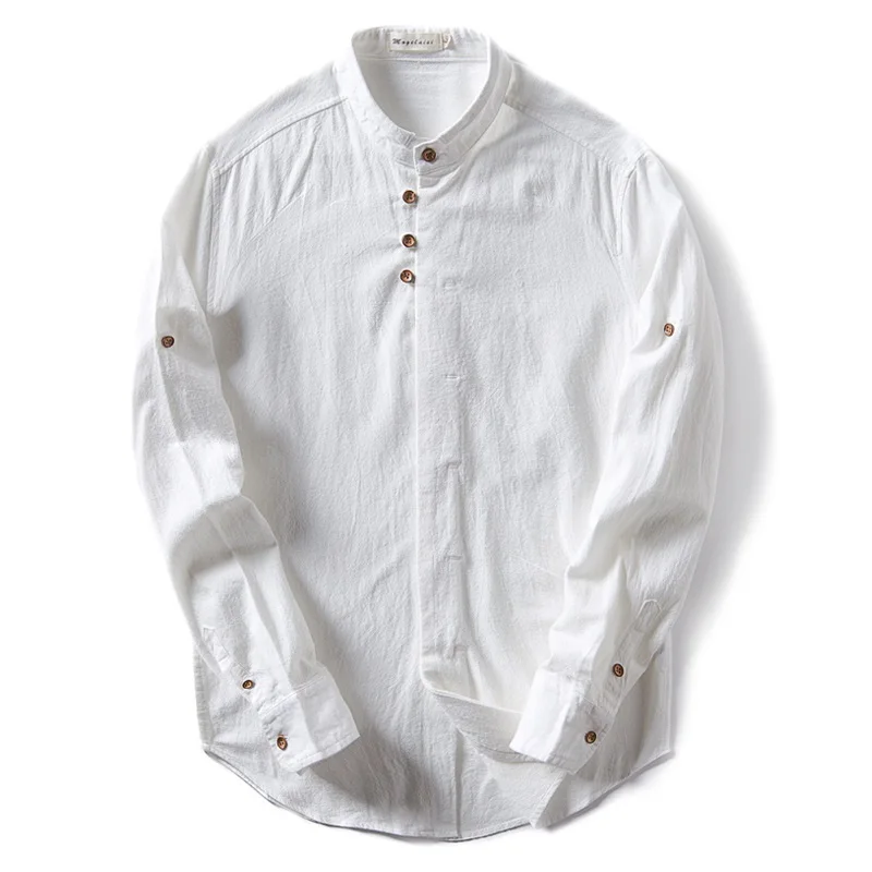 Men's Cotton Linen Shirts Long Sleeve Casual Slim Chinese Mandarin Collar Shirts Quality Men Business Cotton Dress Shirt TS-187A