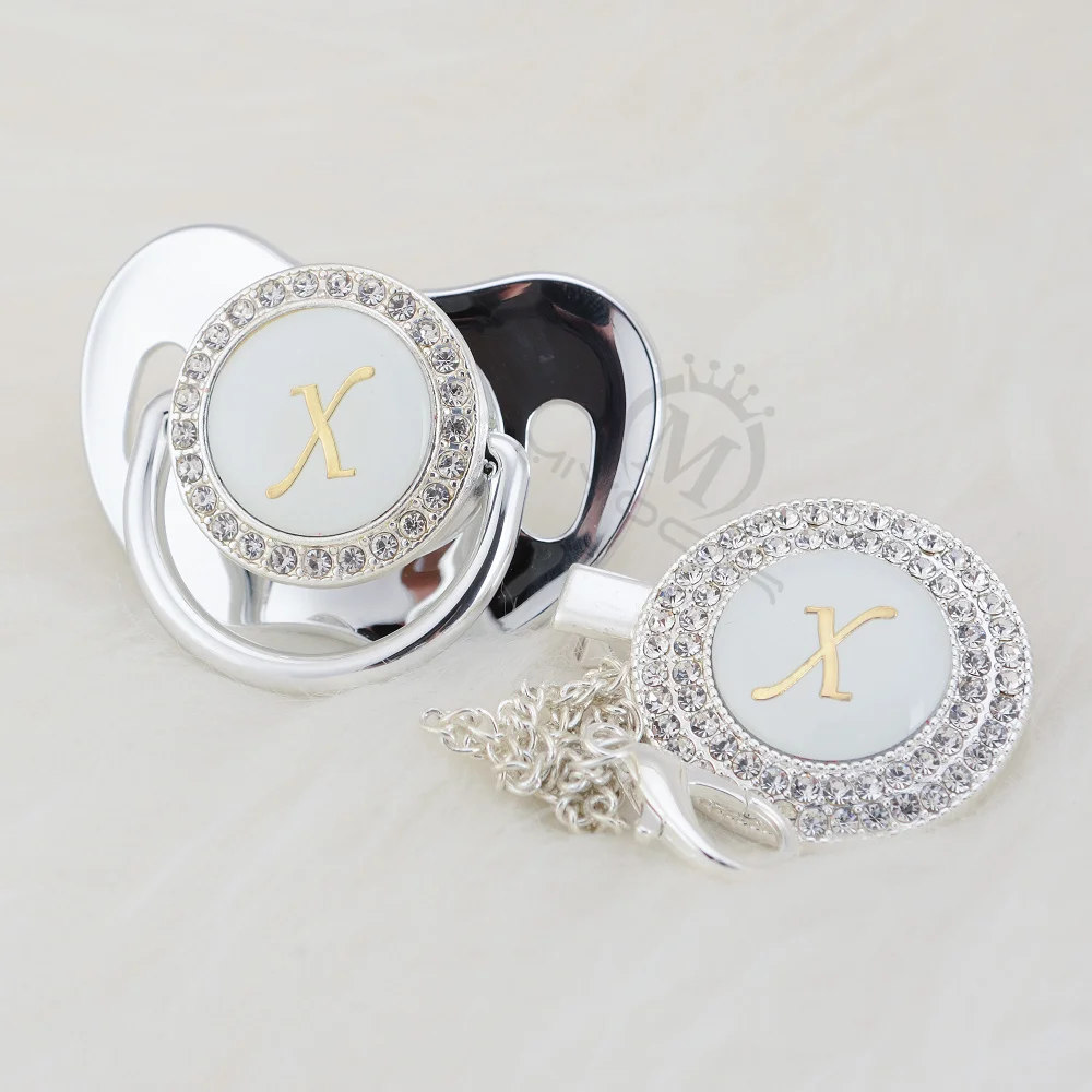 BLING silver bling name Initial letter X elegant pacifier and pacifier clip BPA free dummy bling baby shower SGS pass LX-1