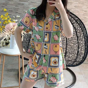 

2Pcs / Set Women Pajamas Set Cute Print Short Sleeve Top and Shorts Casual Comfortable Home Sleepwear Women Home Suit