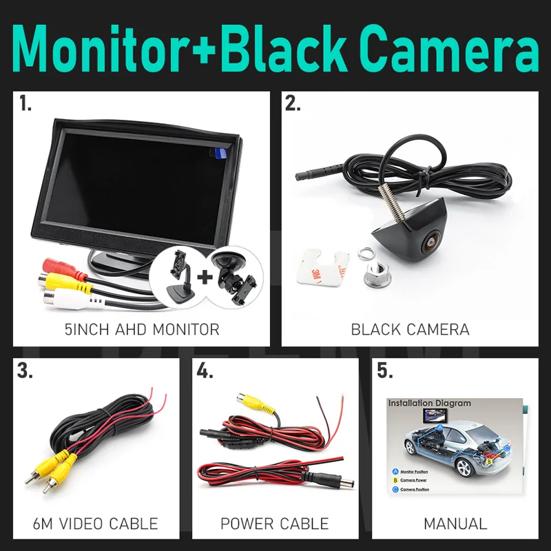 Monitor Black Camera GreenYi 5 дюймов AHD монитор 1280*960 высокое разрешение 170 градусов звездный свет ночного видения камера заднего вида для автомобиля - Цвет: Monitor Black Camera