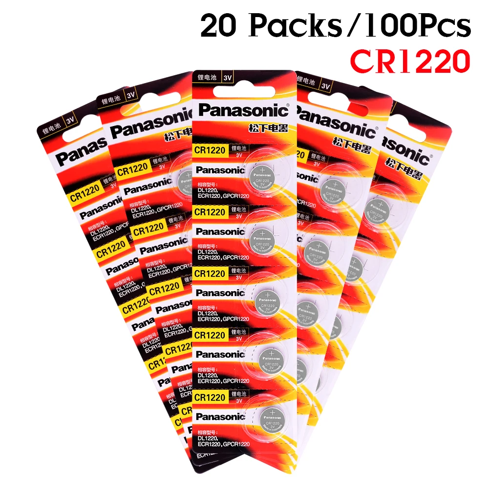 

PANASONIC 100Pcs 3V Lithium Battery Button Coin Cell CR1220 ECR1220 DL1220 LM1220 KL1220 Suitable Supports Watch Calculator