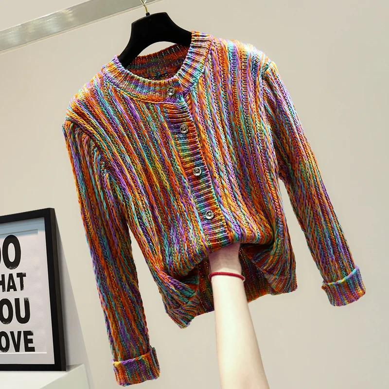 

2020 Autumn Korean Style Women's Sweater Fashion Cool Multi-Color Stripe Long Sleeve Knitted Cardigan Coat Fashion Jumper Mujer