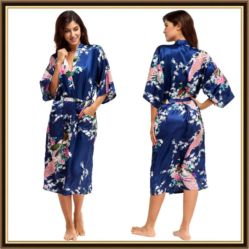 Half Sleeve Loose Style Woman Japanese Kimono Satin Silk Sleepwear Pajamas Peacock Spa Yukata Bathing Robe Lady's Long Dress