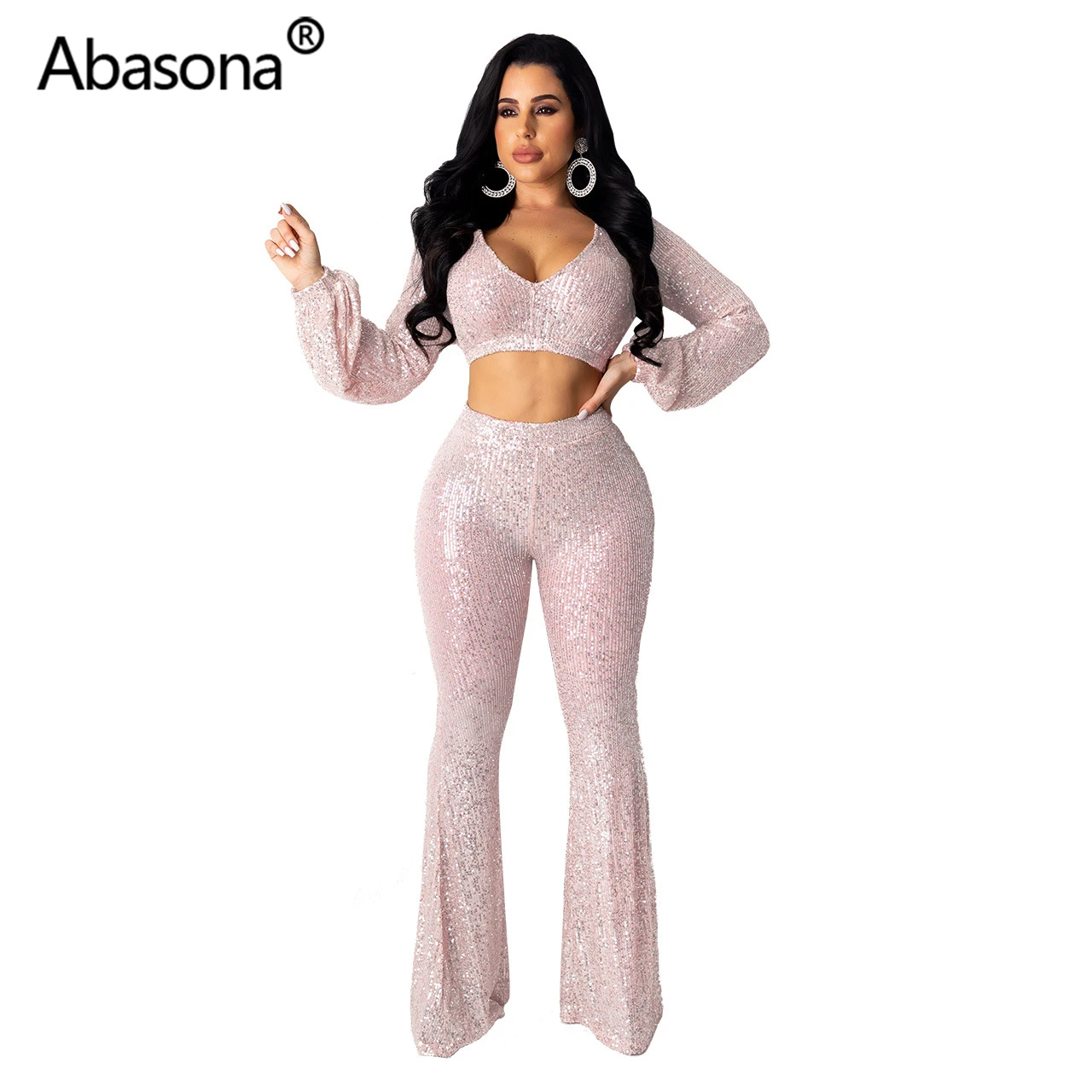 Abasona, зимний женский комплект, v-образный вырез, полный рукав, укороченный топ, длинные штаны, расшитый блестками, Одноцветный костюм из двух частей, сексуальные, для ночного клуба, костюмы для вечеринки