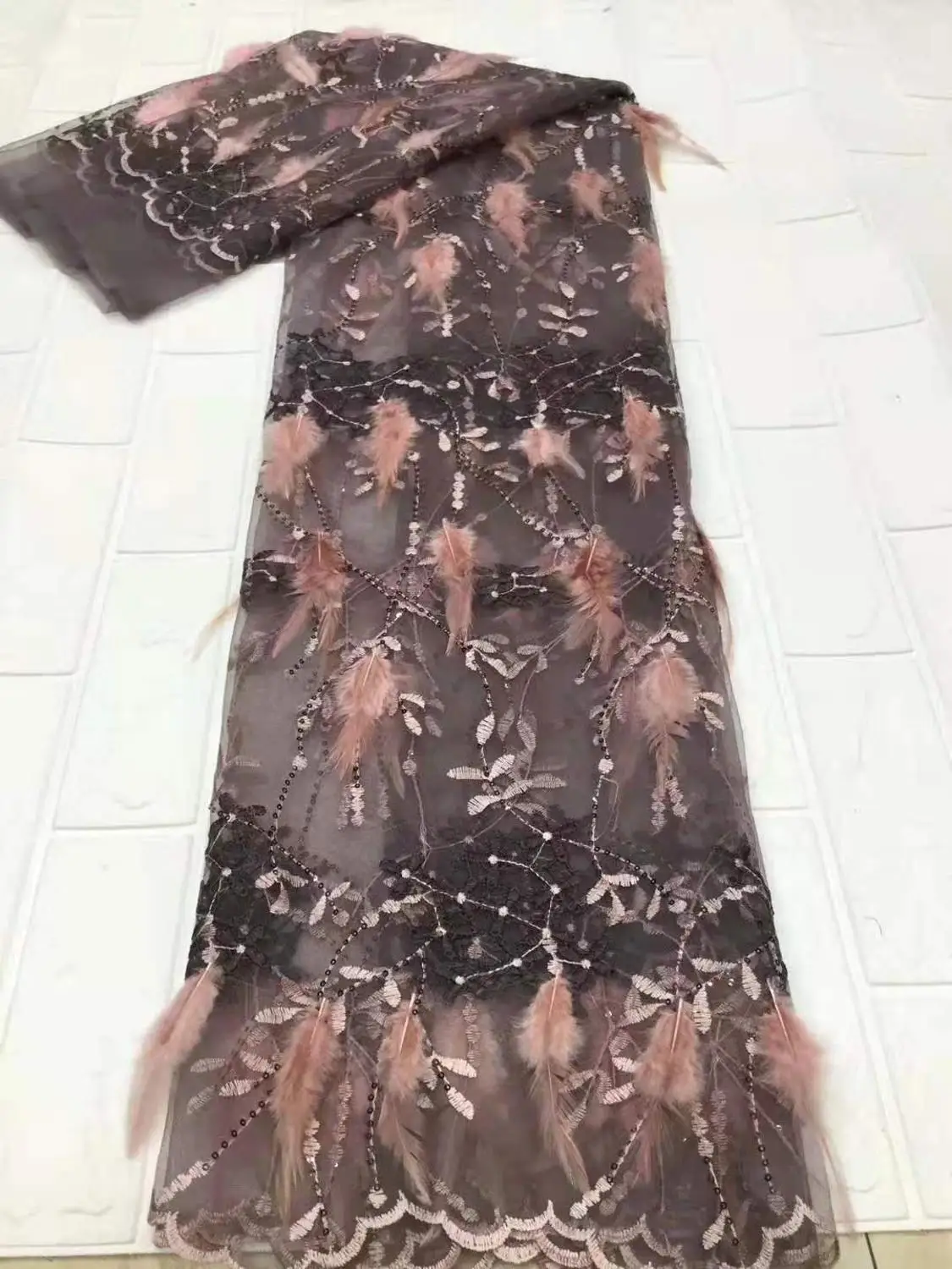 

New French Luxury Sequins and Feather Tulle Lace Fabric Banquet Dress FJ-025