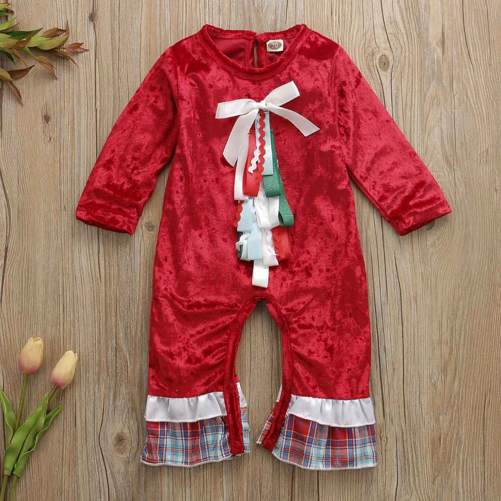 Детский Рождественский комбинезон для маленьких девочек, комбинезон с аппликацией в виде рождественской елки, бархатные костюмы для новорожденных, клетчатая одежда с оборками для детей 0-24 месяцев