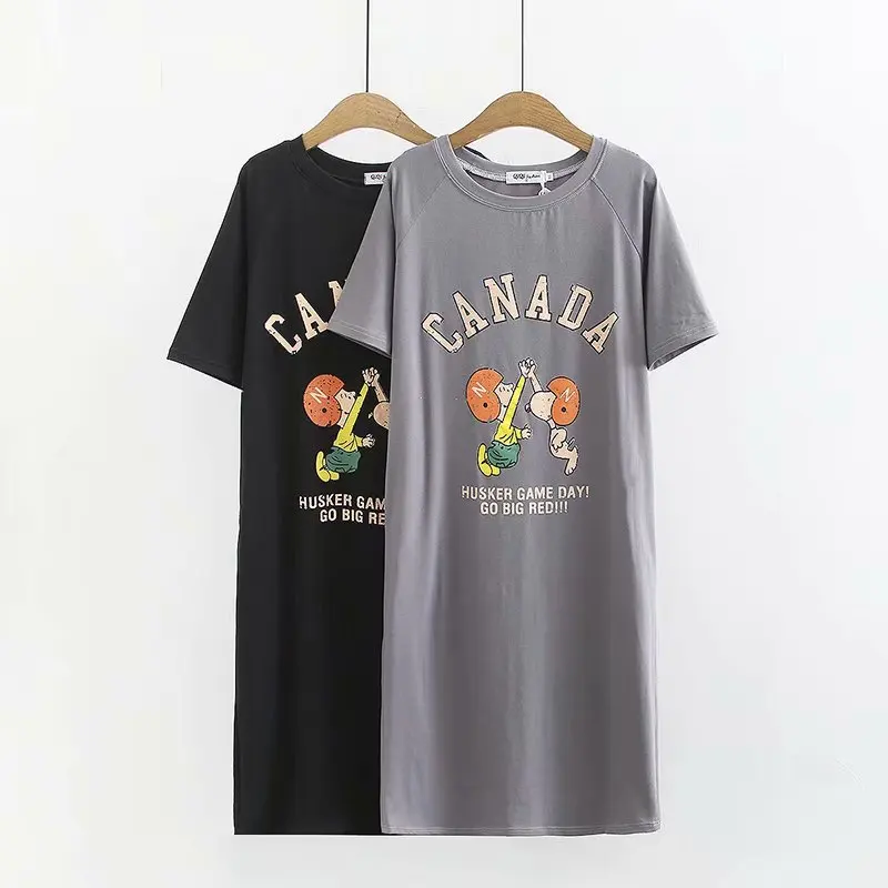 

K2 Summer 2019 Large Size Dress Plus-sized Increase the Fat Mm Cartoon Printed Casual Short Sleeve T-shirt Dress 1520