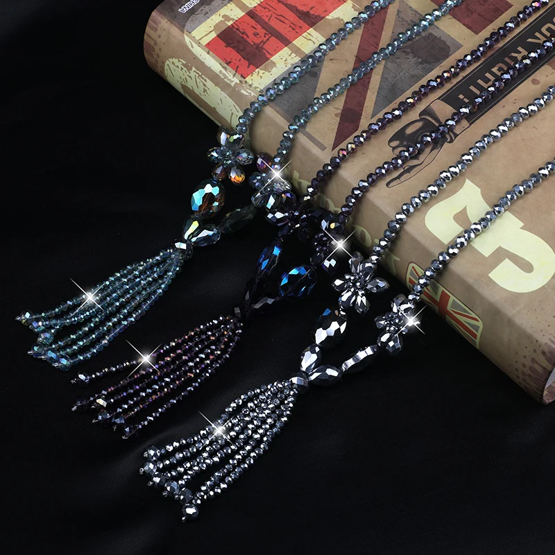 Ожерелье женское летнее с цветком кристаллом длинная цепочка на свитер