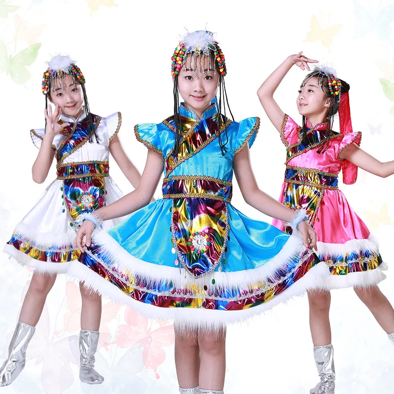 Children National Minority Nation Costume CHILDREN'S Performance Wear Tibetan Clothes Tibetan Dance Costume Long White Silk Slee