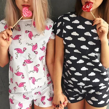 

Hiloc Fresh Cartoon Print Pajamas Shorts And T-Shirt Short Sleeve Two Piece Set Women Sleepwear Leisure Graphic Pijama Autumn