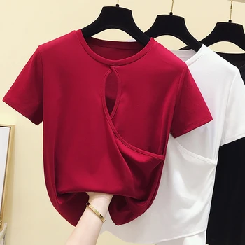 

gkfnmt Sexy Hollow Out T Shirt Women Tshirt Cotton 2020 Summer Tops T-Shirt Woman Korean Fashion Tee Shirt Femme Clothing Red