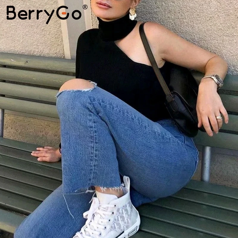 BerryGo сексуальный пуловер на одно плечо свитер женский осенний водолазка вязаный