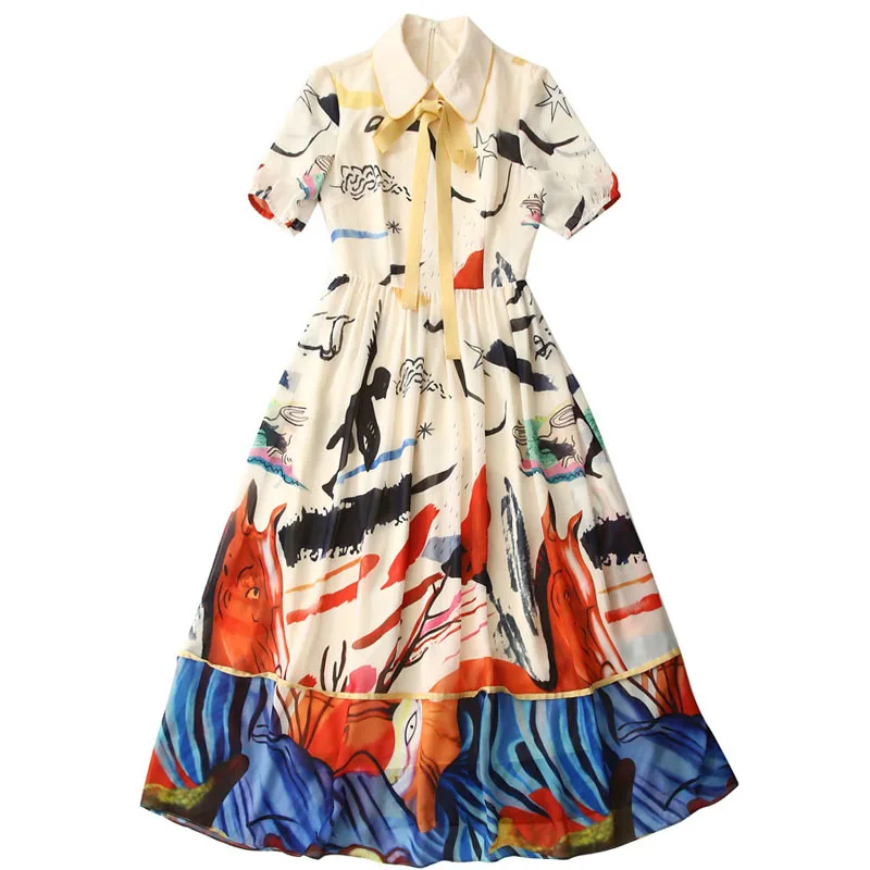 SEQINYY, бежевое платье,, лето, весна, новинка, модный дизайн, женское, короткий рукав, бант, чернильно-синий, красный, с принтом, миди платье, повседневное