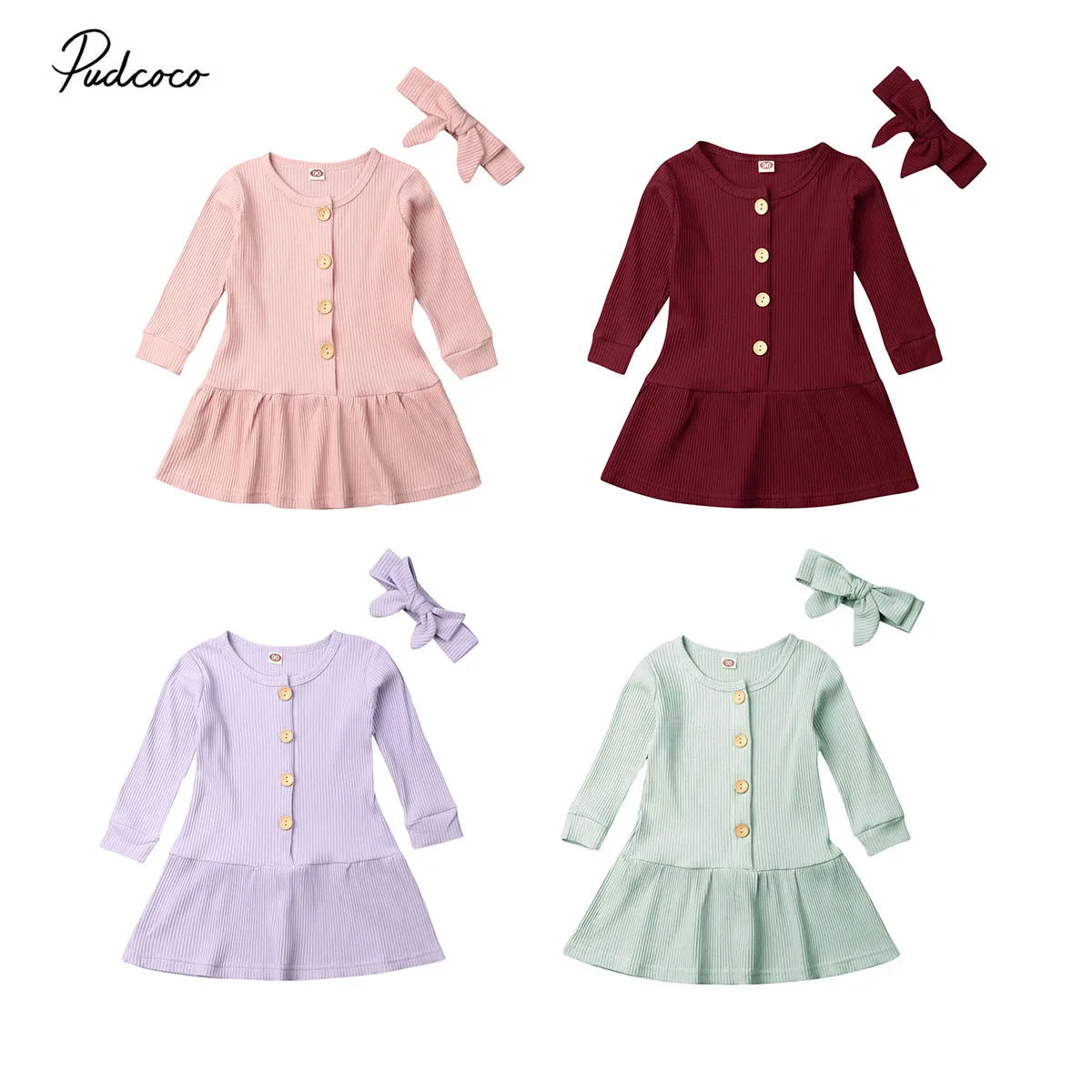 

2019 Brand Baby Girls Autumn Knitted Dress Headband Candy Color Solid Long Sleeve Button Down Knitted Sweater Ruffle Boho Dress