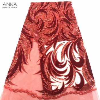 

Anna african red velvet lace fabric 2020 high quality embroidery with sequins nigerian tulle fabrics french net laces for sewing