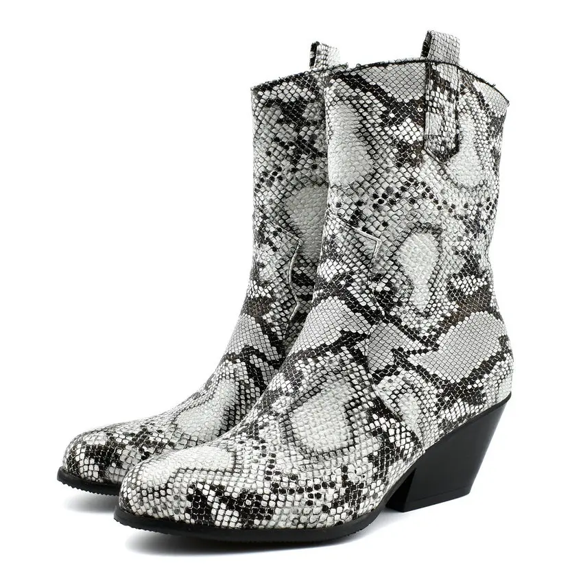 Snakeskin-White QUTAA/ г. Пикантные осенне-зимние сапоги до середины икры с острым носком на квадратном каблуке модная женская обувь из искусственной кожи на молнии из змеиной кожи Размер 34-43 - Цвет: Snakeskin-White