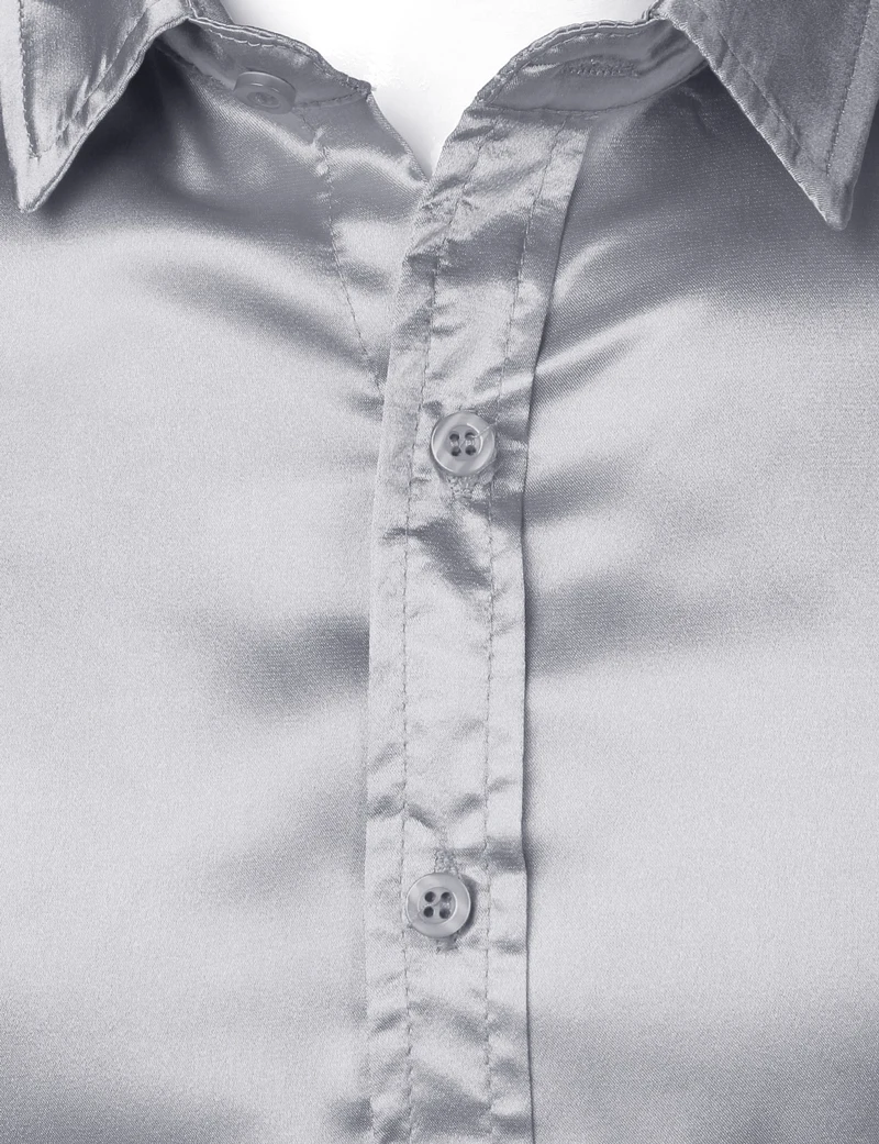 Kopen Mannen Satijn Luxe Dress Shirts Slim Fit Silk Casual Dance Party Shirt voor Mannen Lange Mouw Rimpel Gratis Smoking shirt Mannelijke Sliver