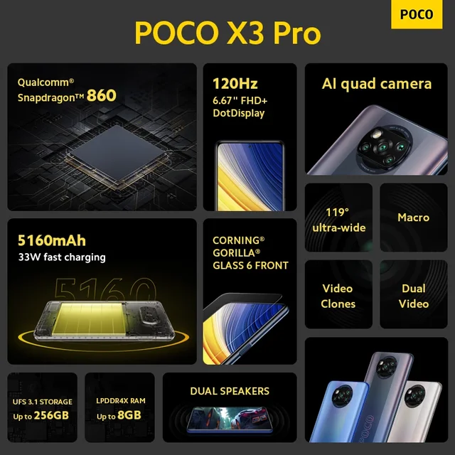 Global Version POCO X3 Pro NFC 6GB 128GB / 8GB 256GB Smartphone Snapdragon 860 120Hz DotDisplay 732G 48MP Camera 5160 Battery 2