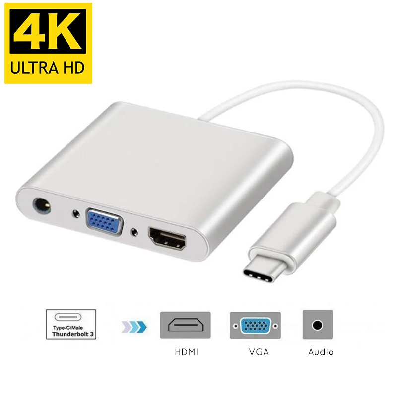 Type C 3,1-HDMI VGA конвертер с 3,5 мм аудио портом USBC удлинитель концентратор 4K UHD av-кабель для Macbook XPS 13 15 Sumsung S8 ноутбука