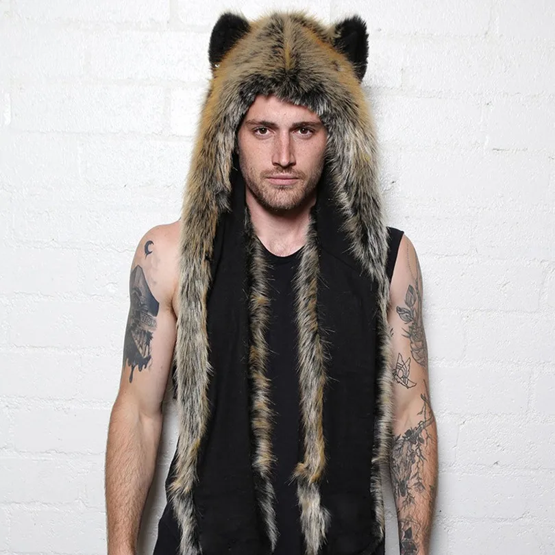 Men/Women Faux Fur Hood Animal Hat Ear Flaps Gloves 3in1 Animal Fur Hat Wolf Plush Warm Imitation Fur Hats Cap with Scarf Gloves