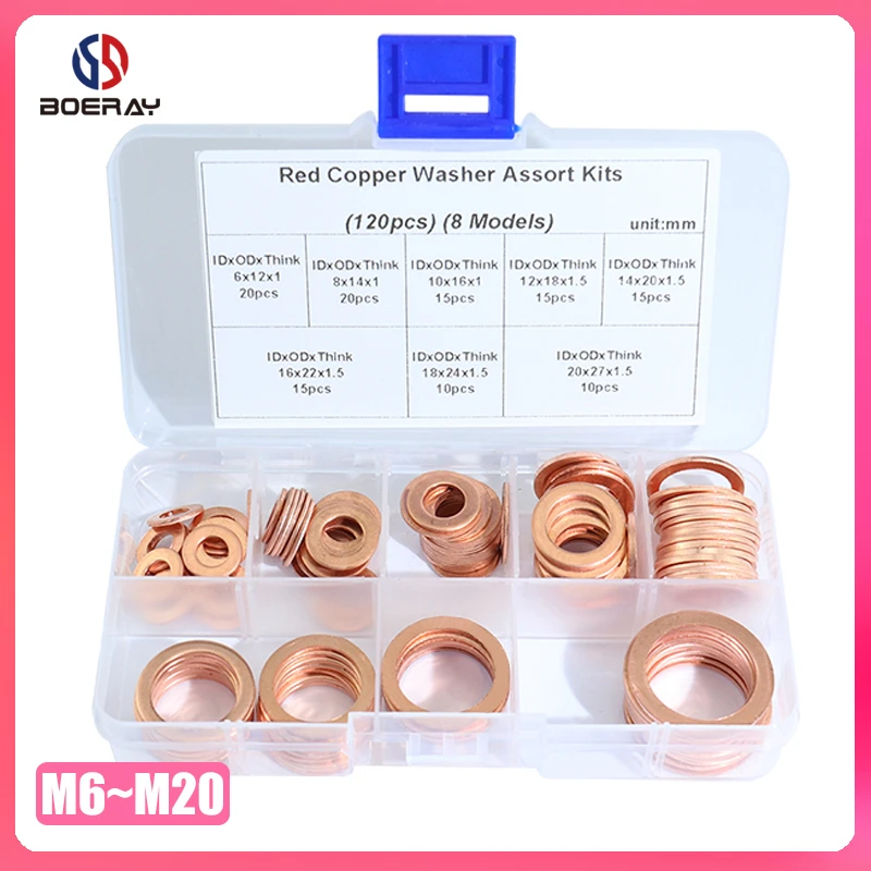M6-M20 Assorted Solid Copper Gasket Washer Seal Flat Ring Set with Box 120pcs 