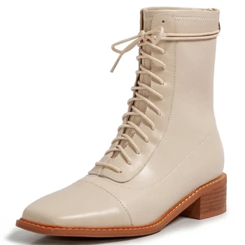 

SaraIris Brand New Genuine Leather Square Heels Shoelaces Ankle Boots Stylish Winter Shoes Boots Women