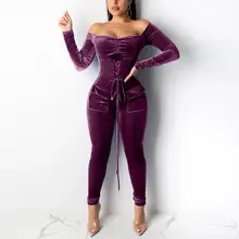 Slim Fit Women Jumpsuits Fashion Slim Solid Collar Eyelet Corset Off Shoulder Long Sleeve Rompers Monos de Fiesta 2020 New Hot E