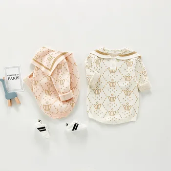 

Knitted Romper 2020 Baby Girls Long Sleeve Crown Embroidered Clothes Autumn Winter Navy Collar Jumpsuit Infant Flexible Outfits