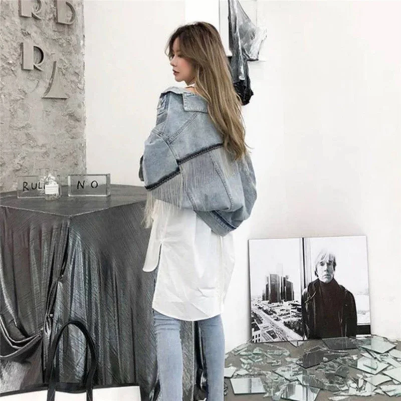 Finest Women bat sleeve tassel short loose burr denim jacket Female Fashion new boyfrieds outwear 2020 Aut