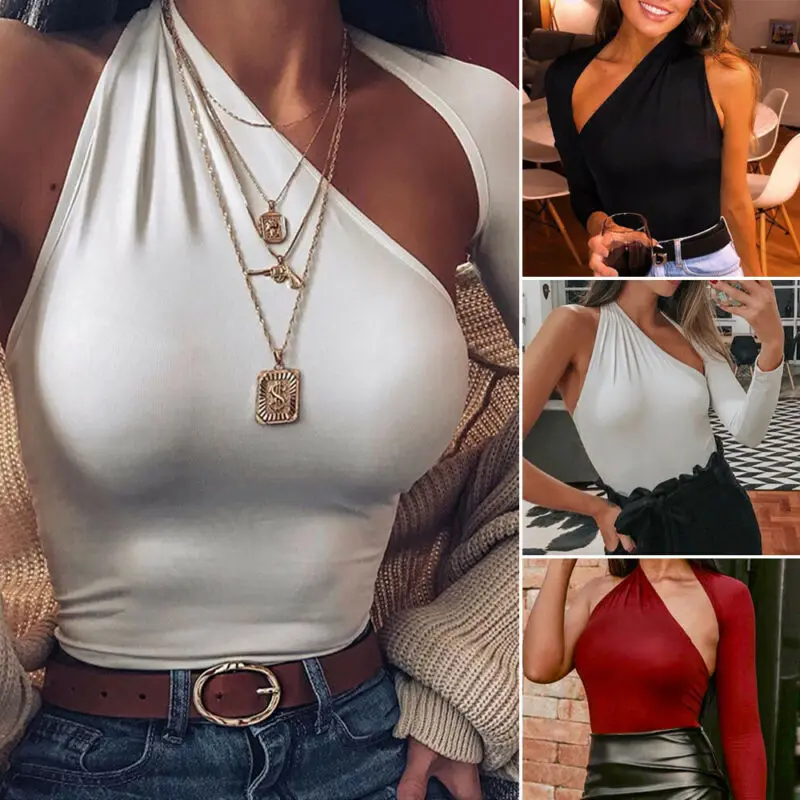 Womens Long Sleeve Bodysuit One Shoulder Leotard Spring Autumn Slim Fit Bodycon Bandage Jumpsuit Tops Sexy Jumpsuit Club Wear