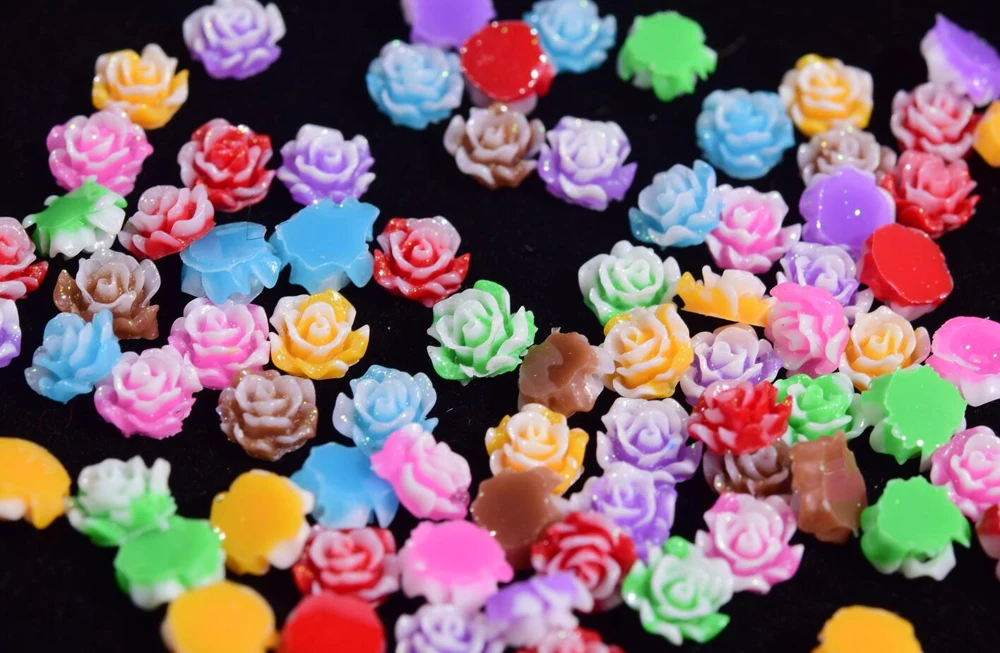 mix-100pcs 100 шт, 6 мм, для дизайна ногтей, розы, цветок из смолы, хрустальные стразы для украшения ногтей, 3D, очаровательные камни, акриловые шпильки с плоской задней стороной, цветок - Цвет: mix-100pcs