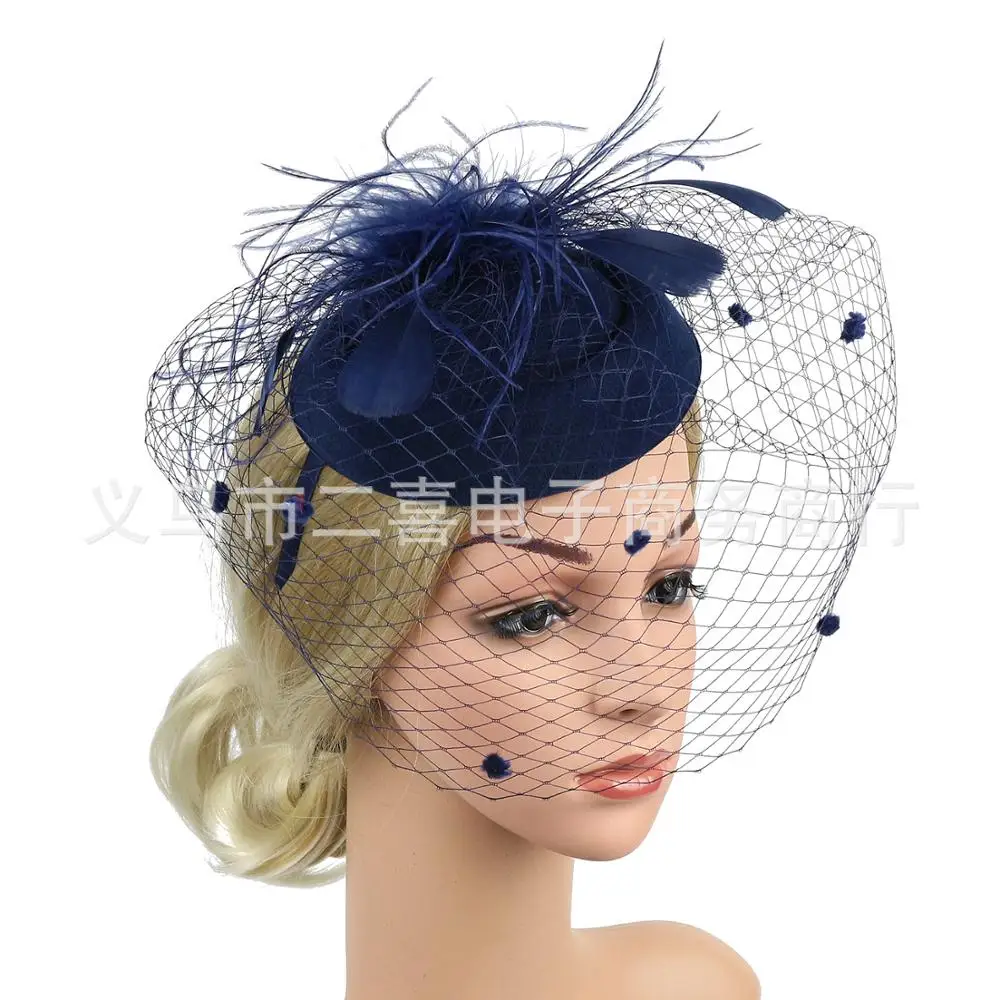 Navy Blue Розовые Свадебные Свадебная шляпка с лицевая вуаль красивые перья вечерние шляпы с повязкой на голову chapeaux de mariage pour les femmes SQN040 - Цвет: Navy Blue