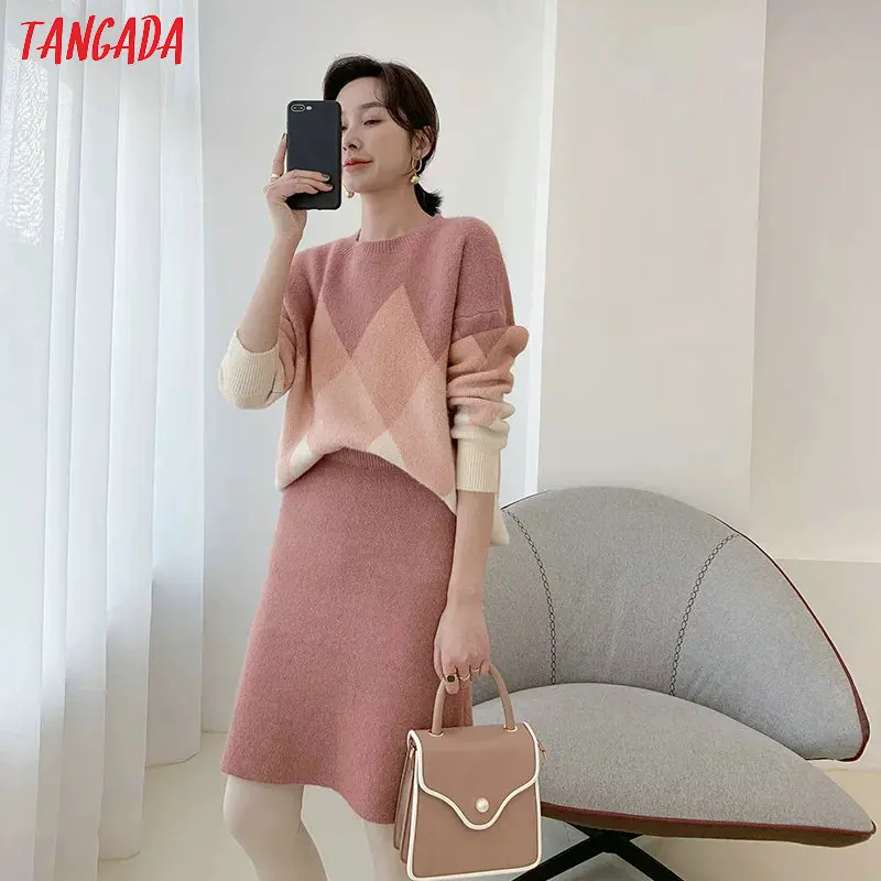 Tangada корейский модный шикарный вязаный костюм с геометрическим узором Женский комплект с юбкой комплект из 2 предметов милый топ и юбка YU44