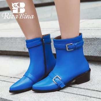 

RIZABINA Women Ankle Boots Sexy Pointed Toe Winter Warm Shoes Women Fashion Zipper Office Lady Buckle Footwear Size 34-43