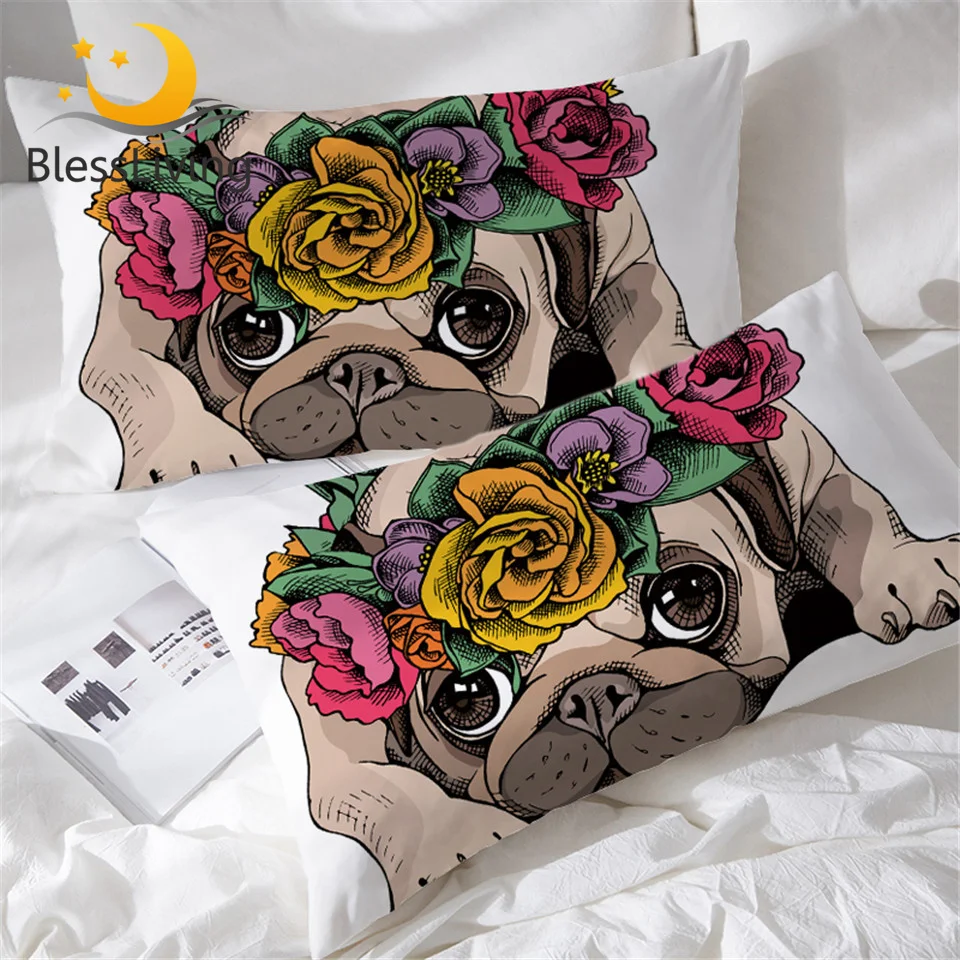 

BlessLiving Rose Funny Pug Dog Pillowcase Cute One Pair Rectangle Animal Puppy Pet Pillow Case Cover Floral Cartoon Kids Bedding