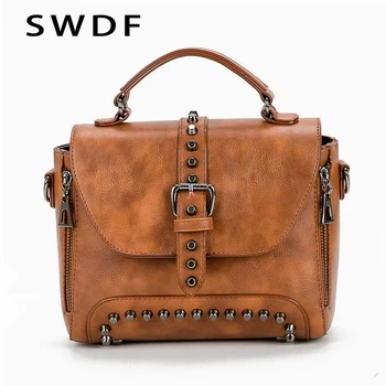 

SWDF 2020 New Women Handbag Rivet Messenger Bags Shoulder Bags Matte PU Satchels Crossbody Purse Simple Fashion Bag Ladies