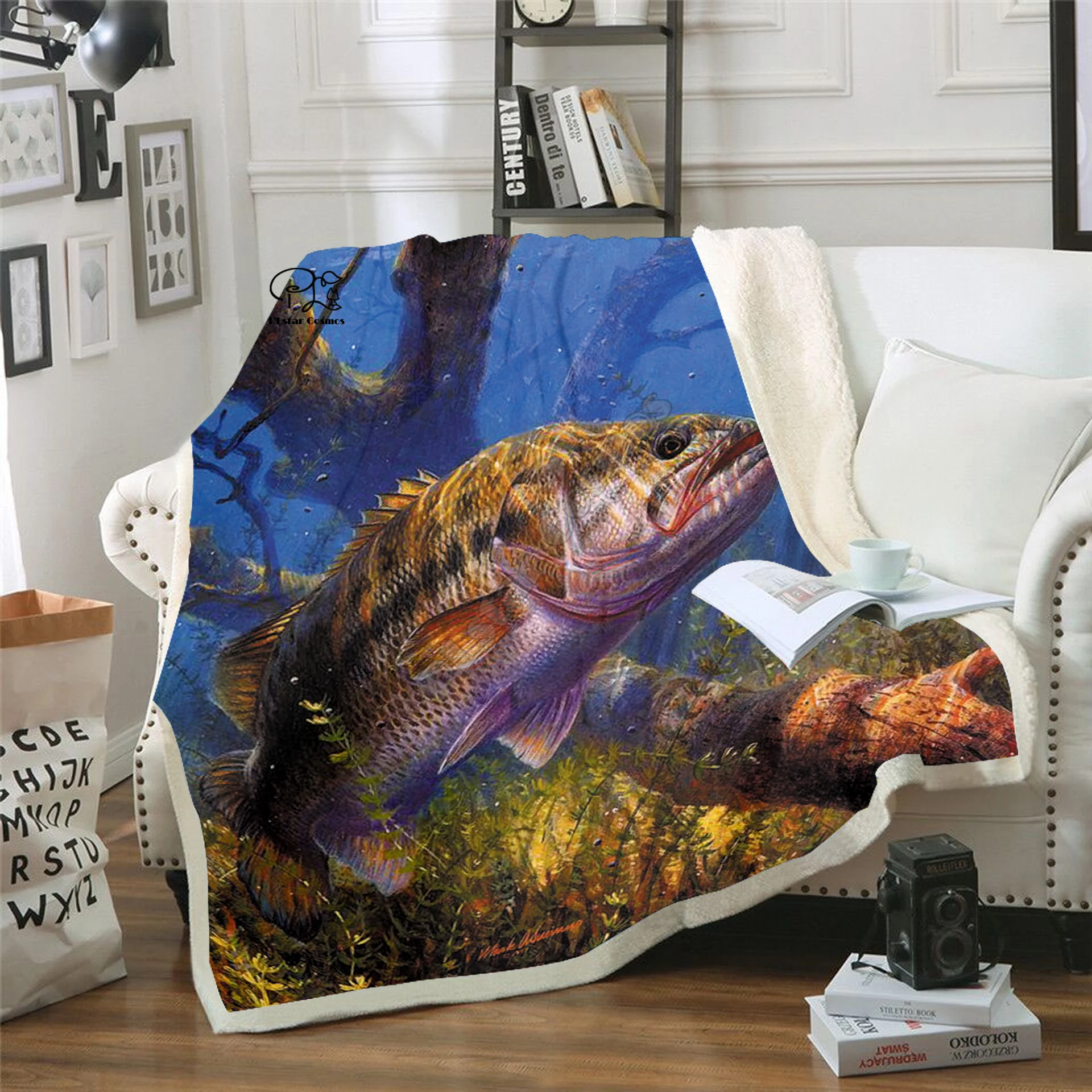 

Plstar Cosmos super black bass fish funny character Blanket 3D print Sherpa Blanket on Bed Home Textiles Dreamlike style-3