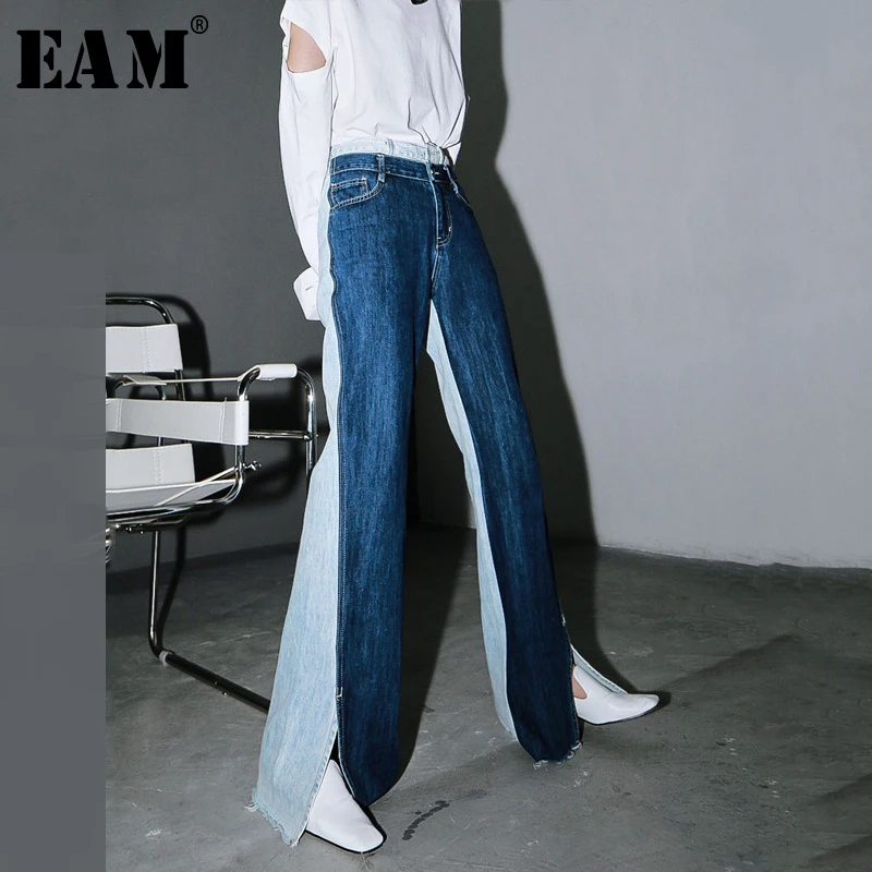 

[EAM] Blue Contrast Color Split Joint Long Wide Leg Jeans New High Waist Loose Women Trousers Fashion Spring Autumn 2020 1T276
