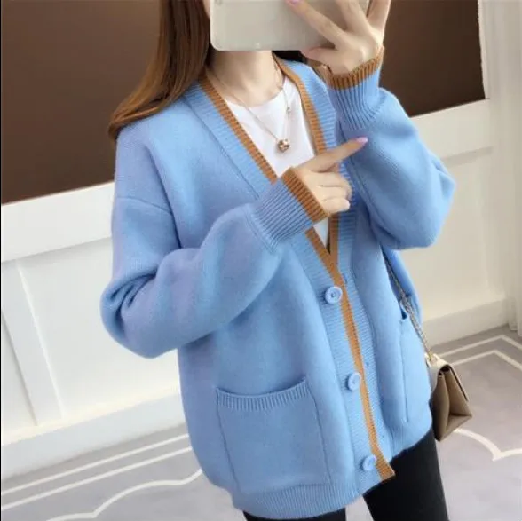 light blue Neploe женский свитер кардиган контрастного цвета трикотажное Пальто Куртка с v-образным вырезом и длинными рукавами корейские повседневные кардиганы больших размеров 55062 - Цвет: light blue