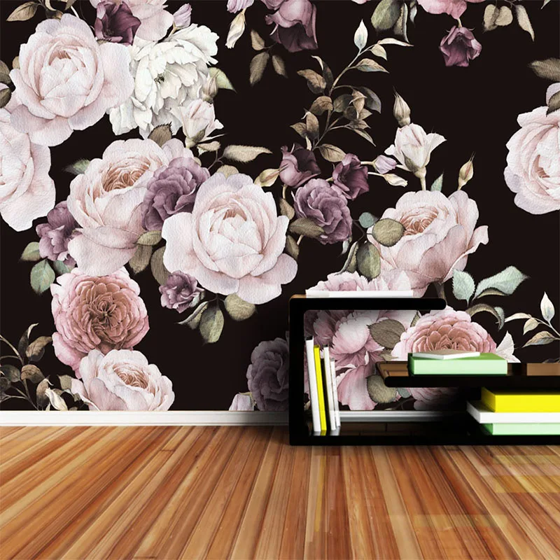 Custom-3D-Photo-Wallpaper-Mural-Hand-Painted-Black-White-Rose-Peony-Flower-Wall-Mural-Living-Room (2)