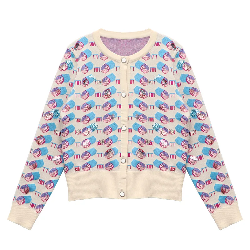 

19 Early AutumnSmall Fragrance Heavy Work Sequins Umbrella Pattern Round Neck Single-breasted Casual CardiganSweater Women