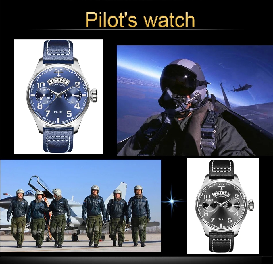 Airplane Sports Military Blue Dial Pilot Calendar Men Wristwatch Chronograph Fashion Casual Brand Army Brown Leather Watches